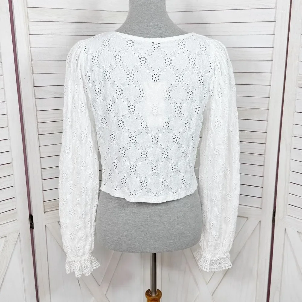 Zara Eyelet Balloon Sleeve Crop Top Shirt White Medium Cottagecore‎ Boho Country